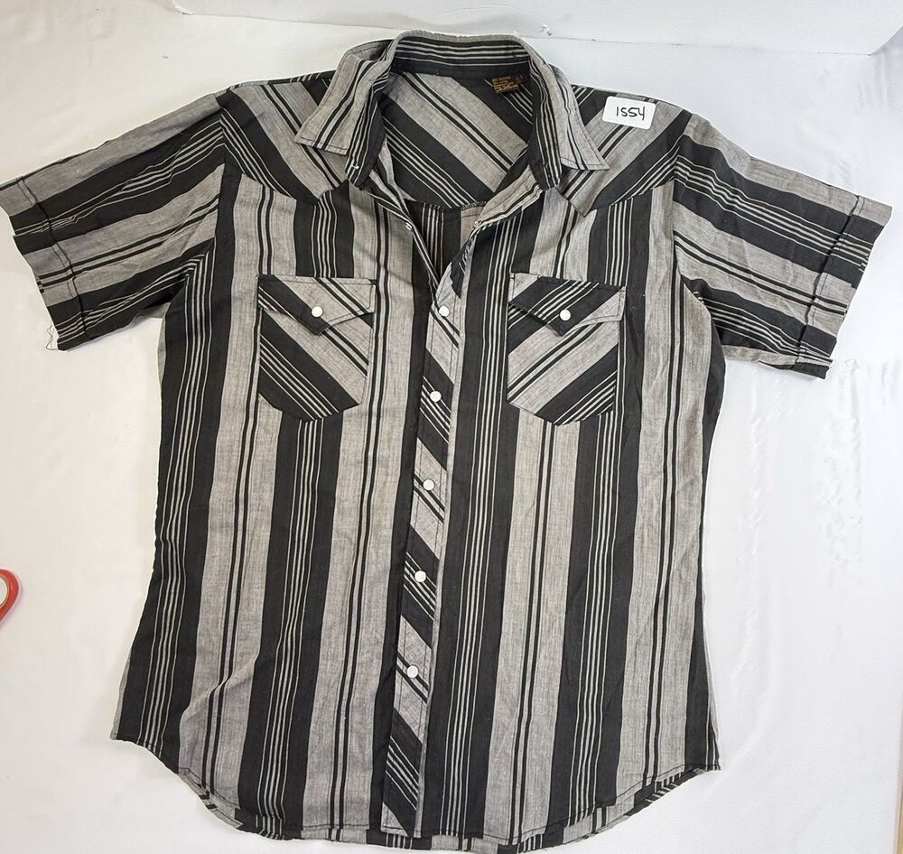 Mens Large Western Pearl Snap Shirt Black Gray Stripe Short Sleeve Cowboy
